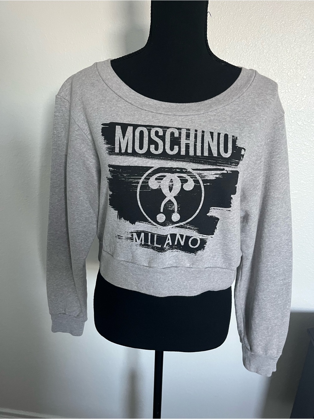 Moschino Gray and Black Logo Cropped Sweatshirt